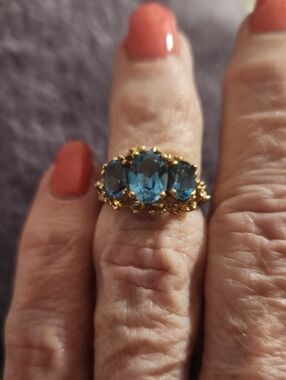 Gold Ring with Three Blue Topaz Oval Gemstones